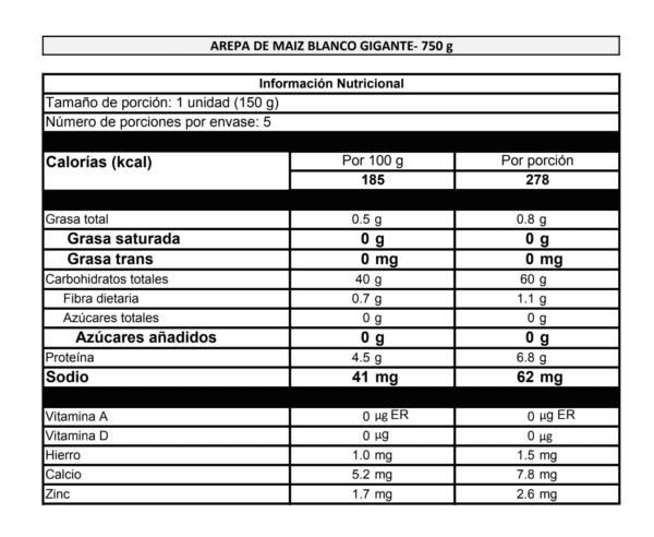 tabla nutricional arepa de maiz blanca